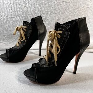 Betsy Johnson Zzoey Stiletto Peep Toe Leather Ruffle Lace Up Zip Heel Bootie 10